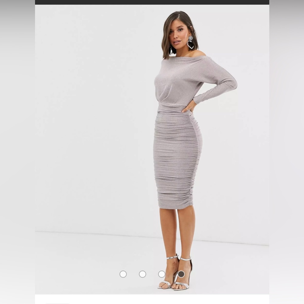 Scarlett Rocks Bardot neck ruched mini dress in taupe Glitter Size UK14 Fitted - Picture 2 of 10
